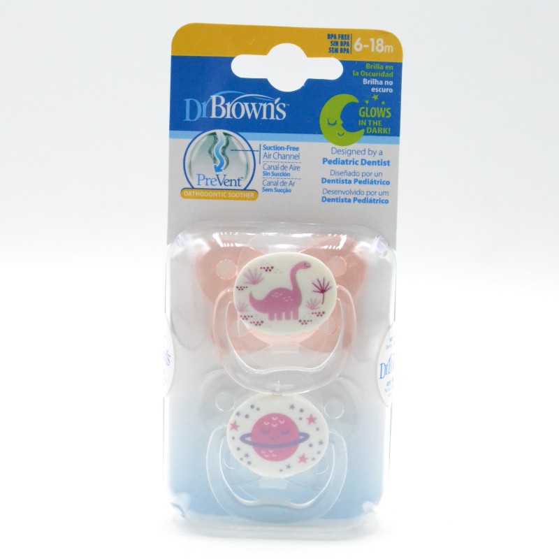 CHUPETE DR BROWN´S SILICONA NOCTURNO ROSA 6-18M 2UD Parafarmacia